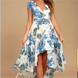 Blue white floral dress high low